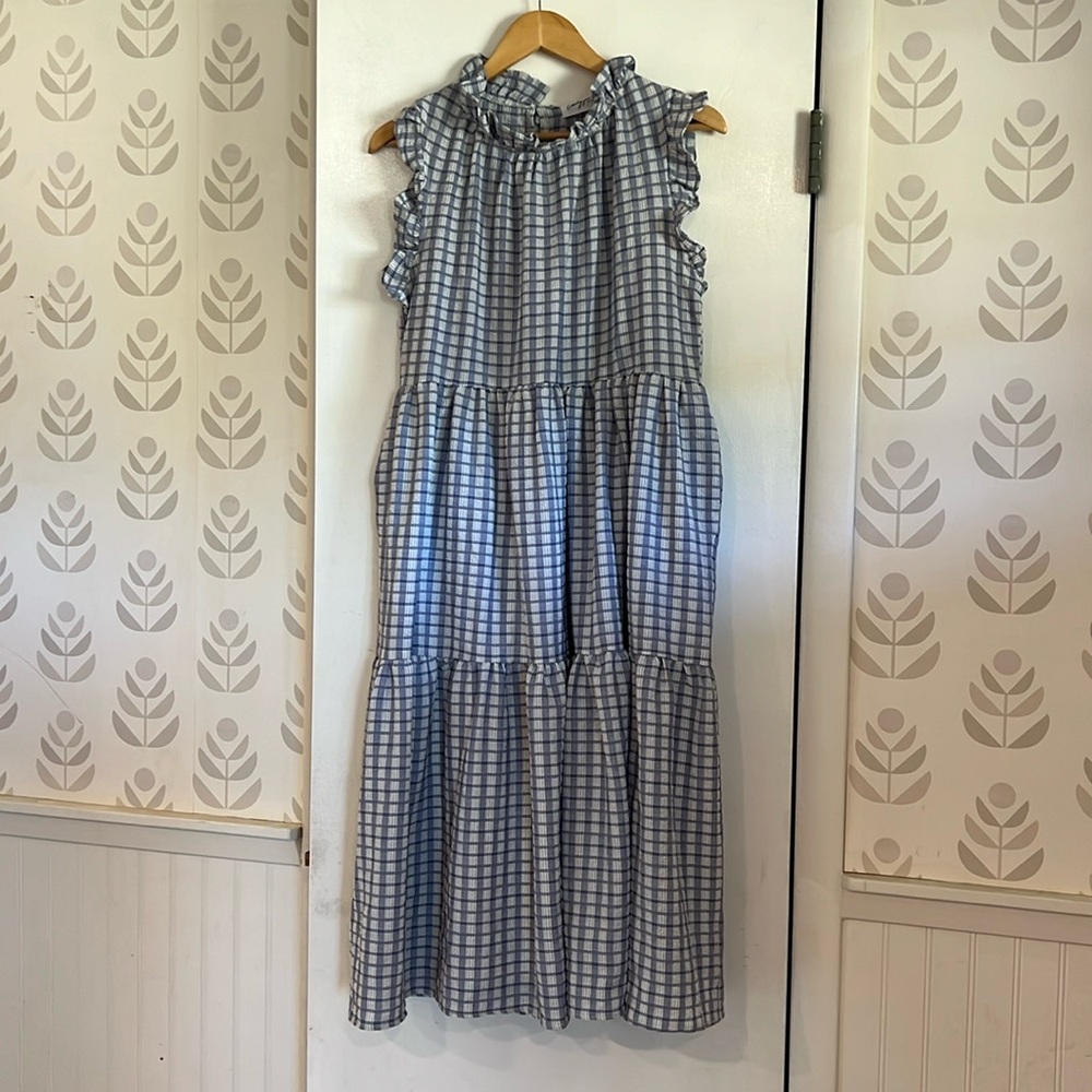 Carly Jean Los Angeles Blue and White Checkered Midi Dress